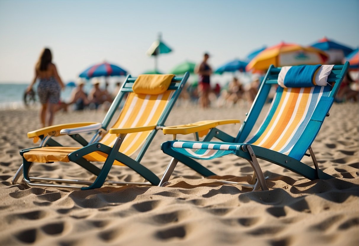 People enjoying outdoor activities at Congress Hall, Cape May, NJ. Beach chairs, umbrellas, and bicycles scattered around the sandy beachfront