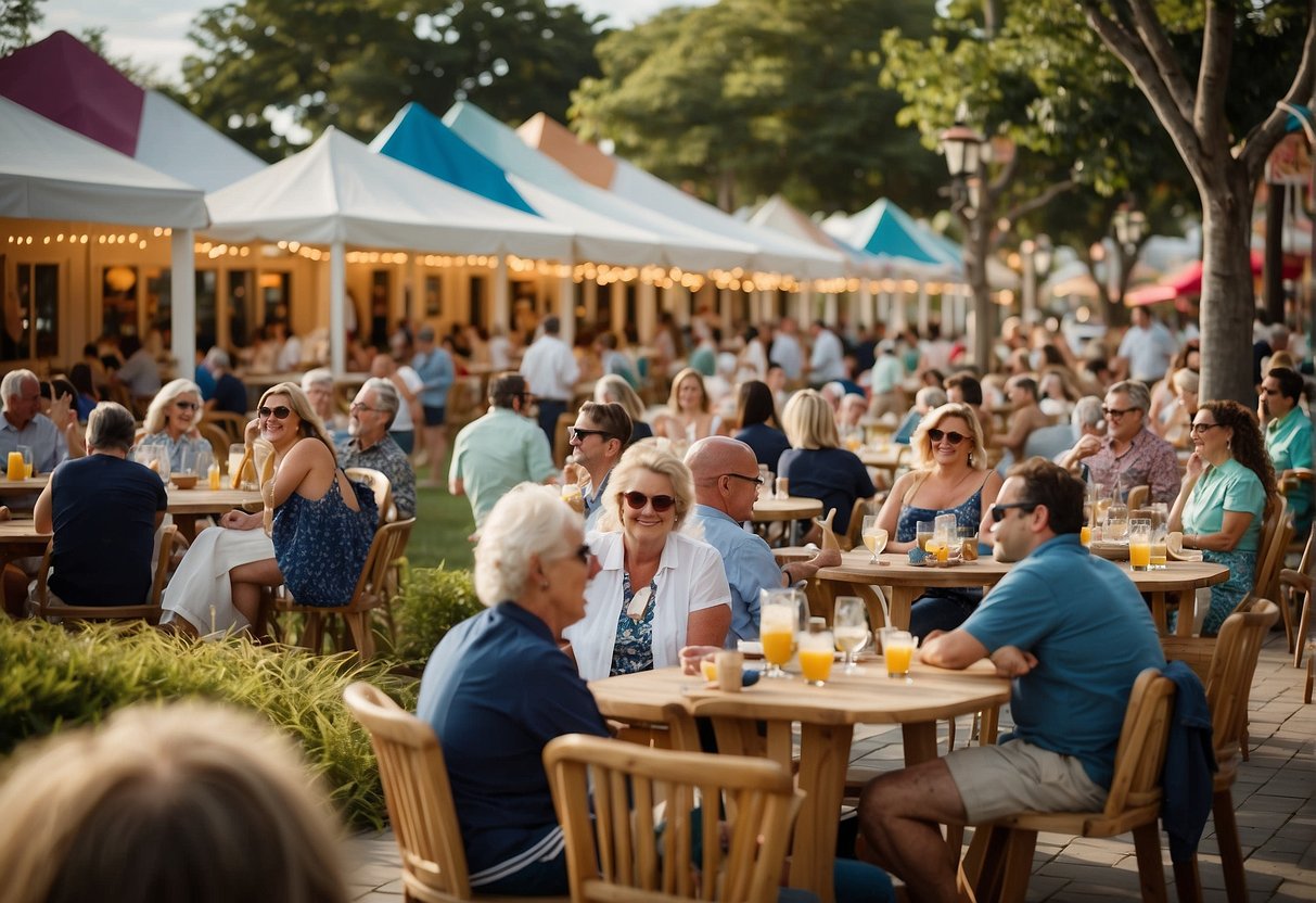 A vibrant scene of guests enjoying outdoor activities and events at Congress Hall in Cape May, NJ. The atmosphere is exclusive and lively, with a mix of relaxation and excitement