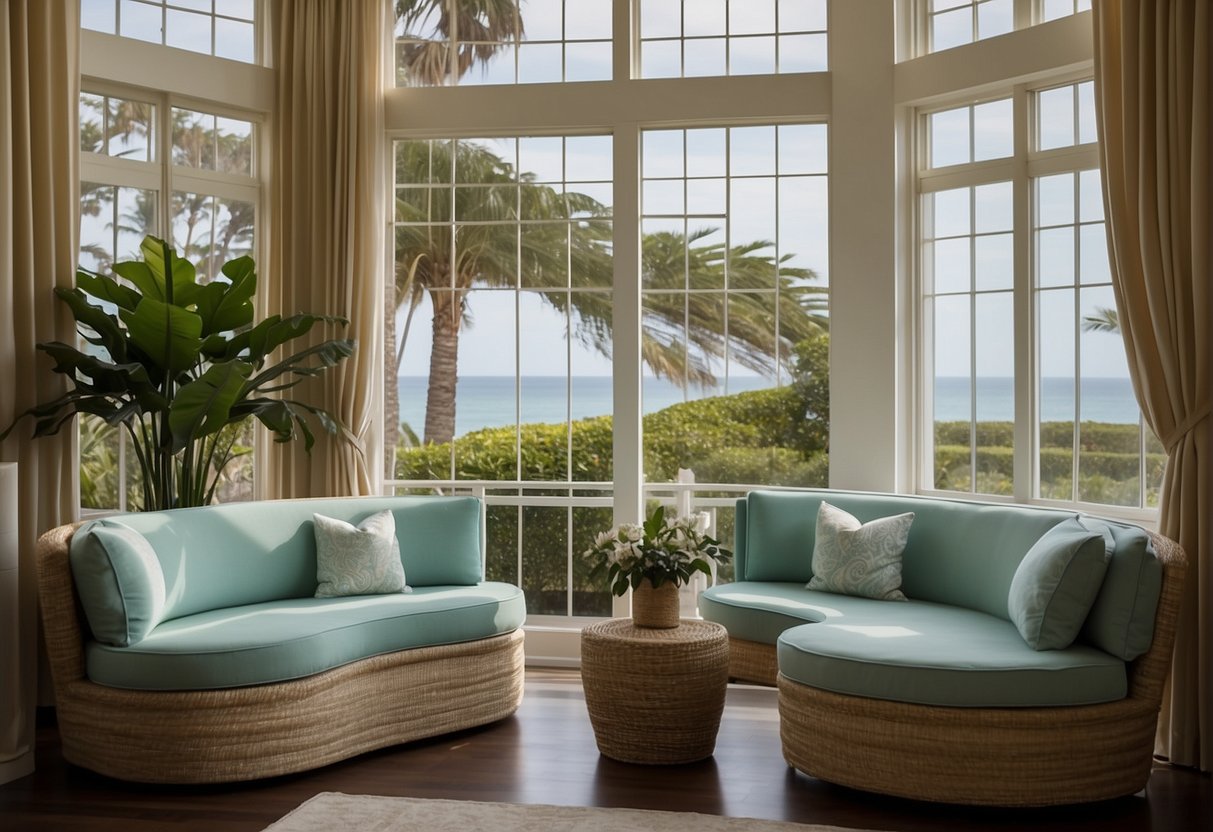 The serene spa at Congress Hall features a luxurious relaxation area, with plush seating and calming decor, surrounded by large windows offering views of the lush gardens and ocean beyond