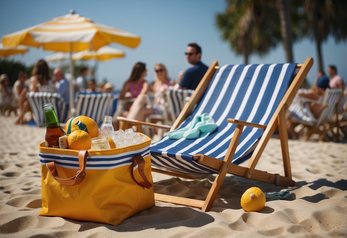 A sunny day at Congress Hall, Cape May. A beach bag and umbrella sit next to a striped beach chair. A waiter delivers a tray of drinks to a group of guests