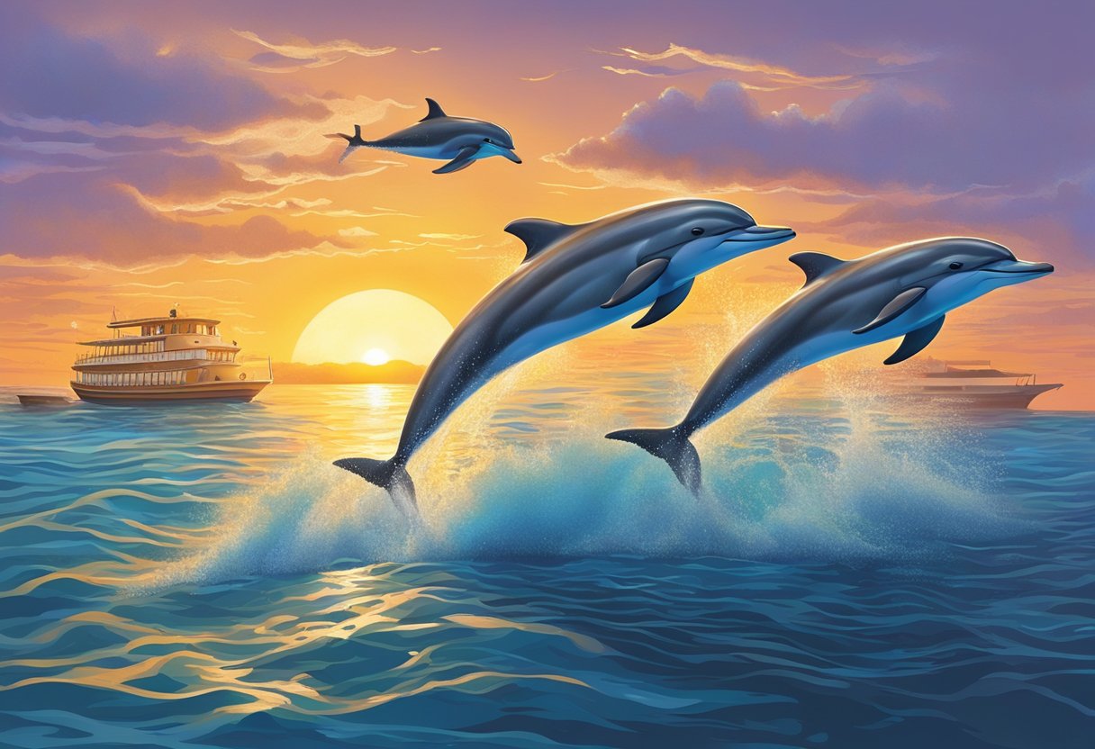 Dolphins leap from the sparkling waters as a boat glides through the Orlando coastline. The sun sets in the background, casting a warm glow over the excited tourists on board