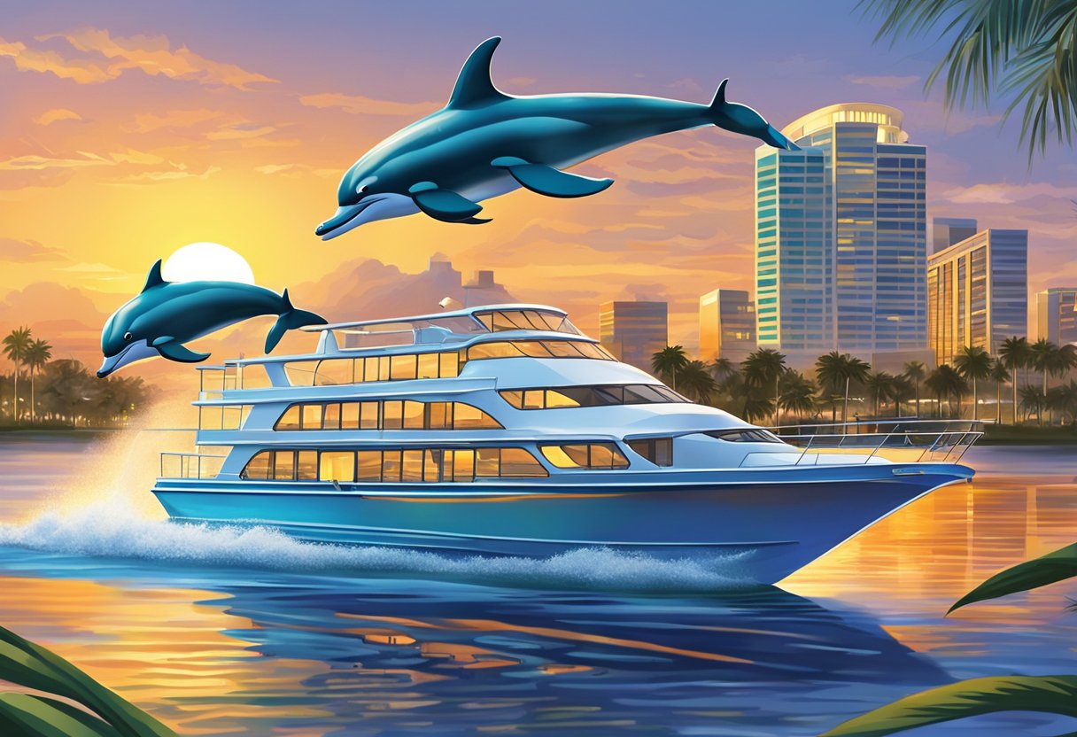 Dolphins leap from the water, surrounded by tour boats. The sun sets over the Orlando skyline