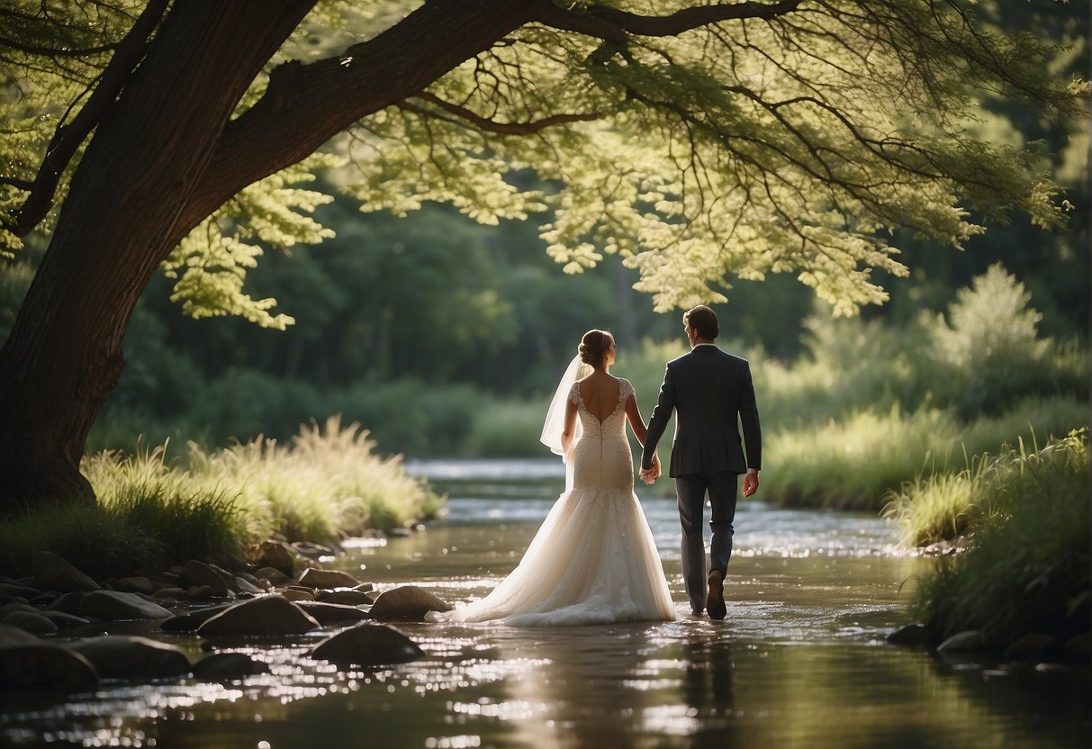 A couple runs away to a secluded spot, exchanging vows under a canopy of trees, with a stream flowing nearby