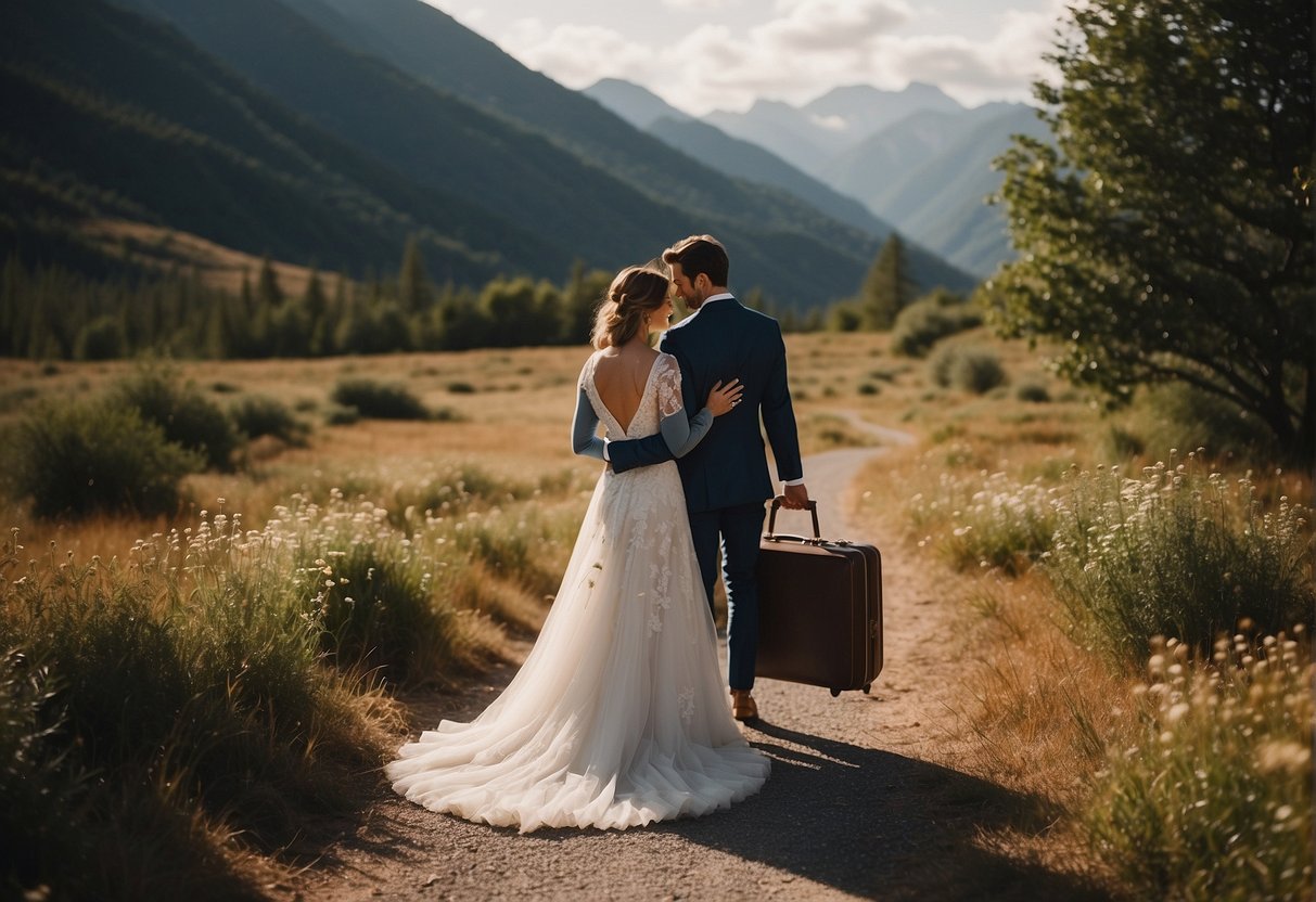 A couple packs a small suitcase, grabs their marriage license, and heads to a scenic location for an intimate elopement ceremony