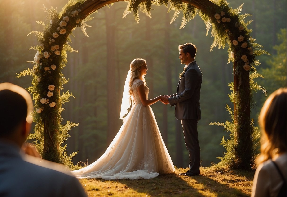 A couple stands in a secluded forest clearing, exchanging vows under a rustic arch. The sun sets behind them, casting a warm glow over the intimate ceremony