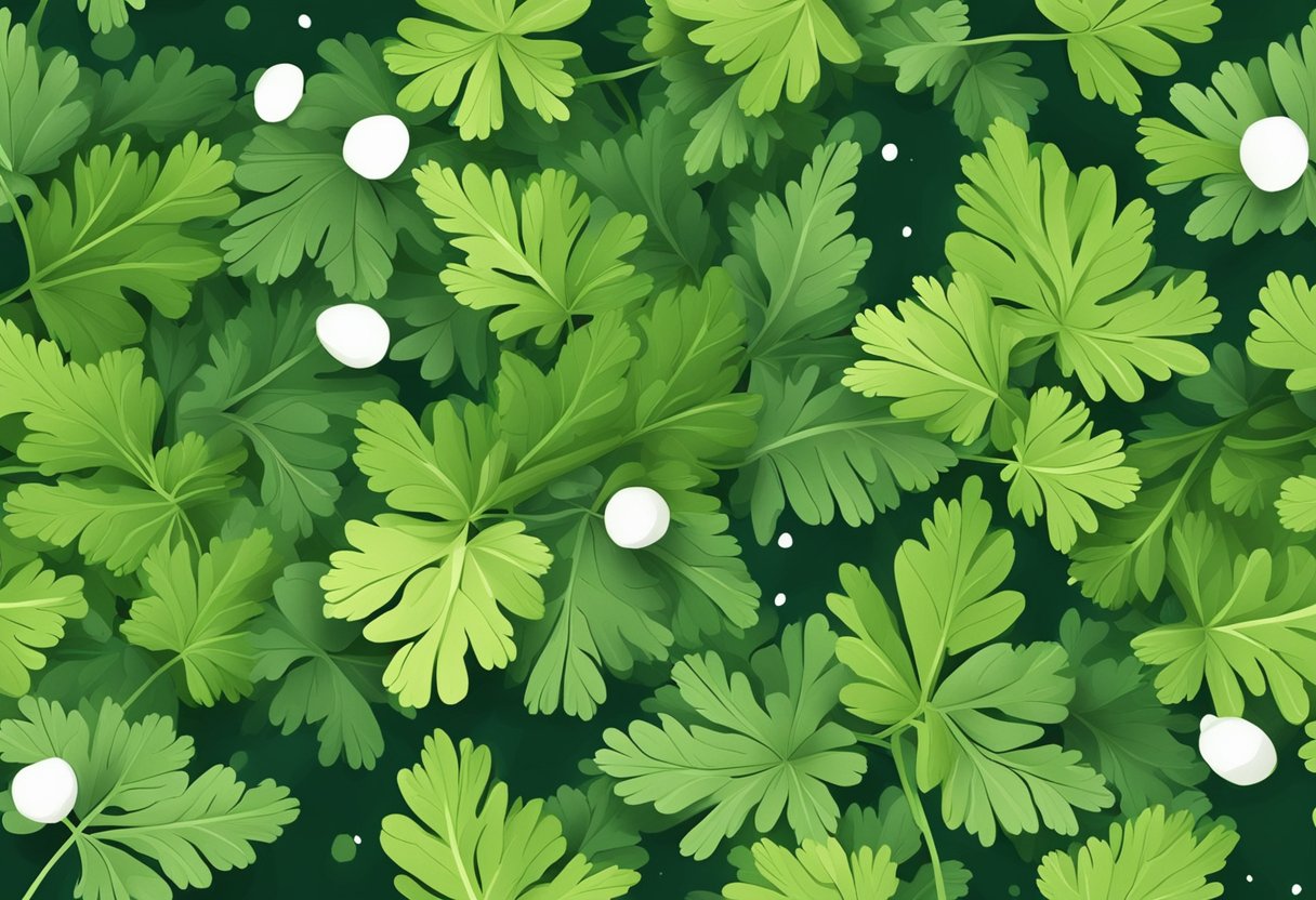 Green parsley leaves with white spots scattered across them