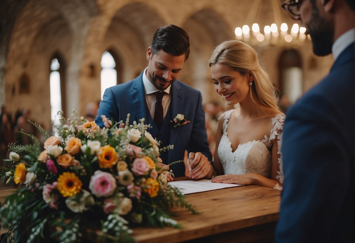 A couple signing marriage documents in a rustic Croatian town hall, with a traditional Croatian wedding arch and colorful floral decorations in the background