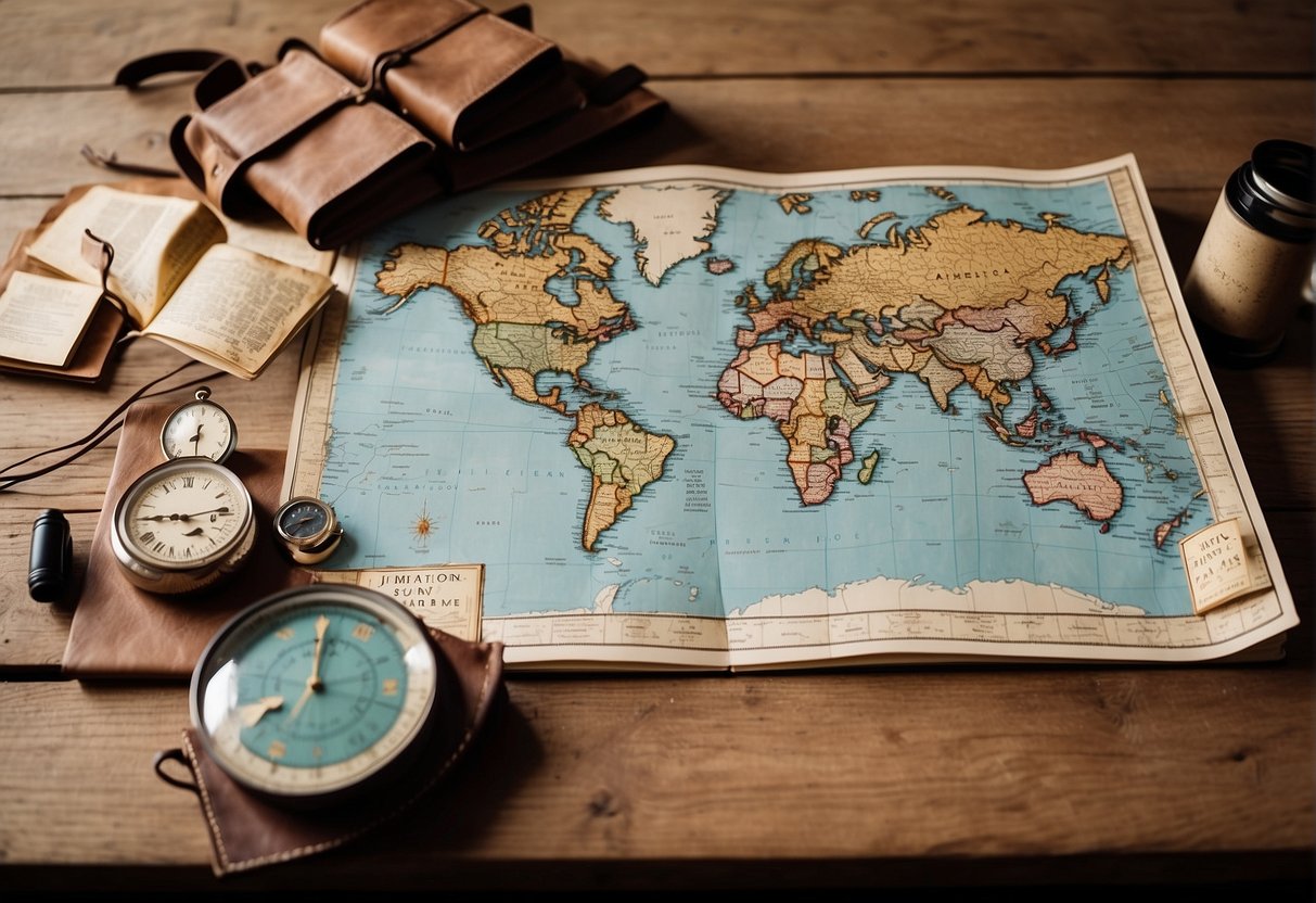 A map spread out on a rustic wooden table, surrounded by travel guides and a notebook filled with adventurous plans