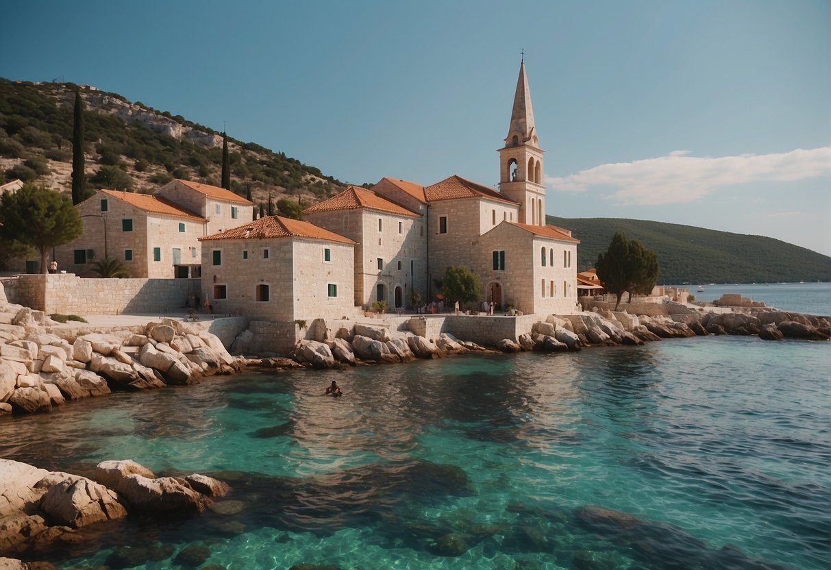 A picturesque coastal town in Croatia, with a charming stone church and a backdrop of crystal-clear waters, sets the scene for a post-wedding celebration