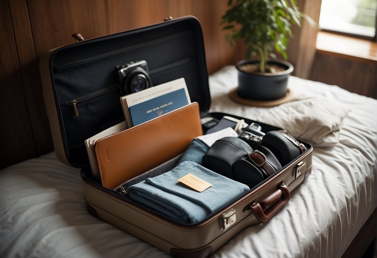 A suitcase open on a bed, filled with clothes and travel essentials. A map, passport, and guidebook lay nearby