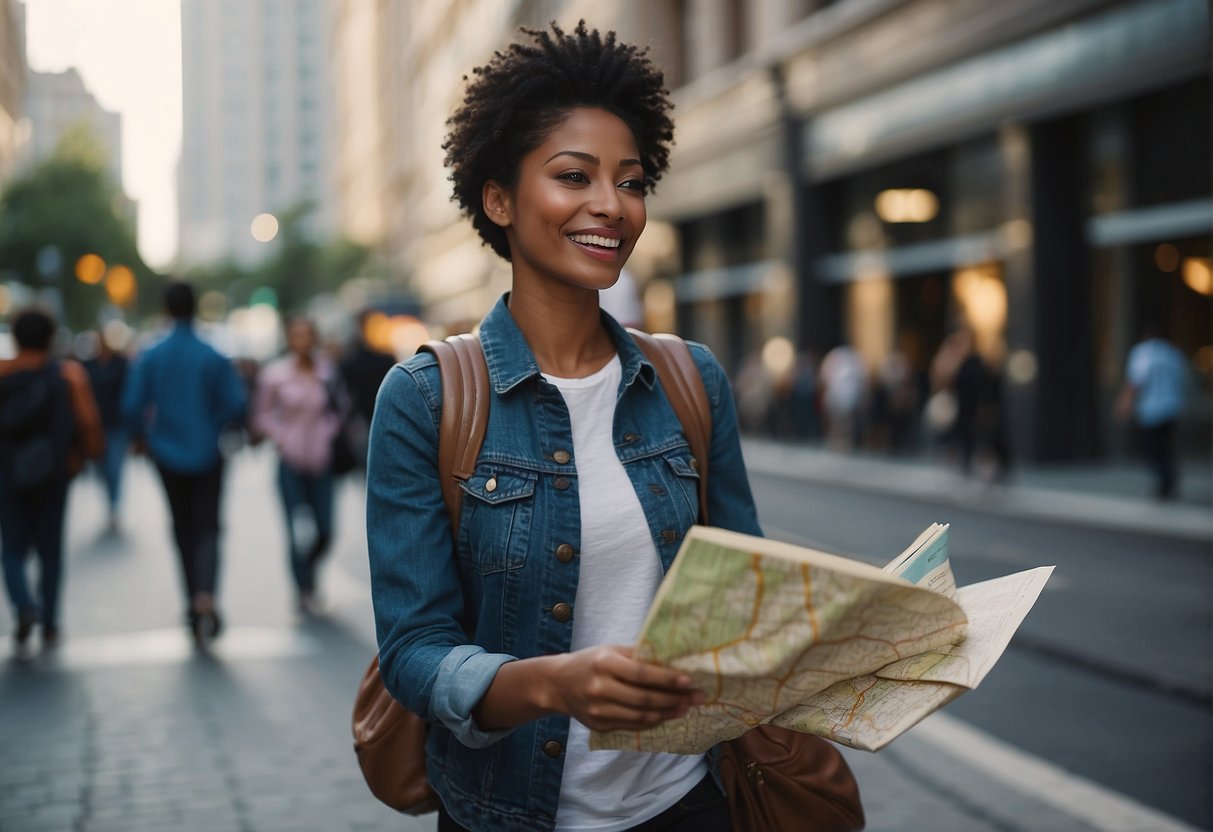 A traveler confidently navigates through a bustling city, carrying a map and a guidebook. They exude a sense of independence and empowerment as they explore new surroundings