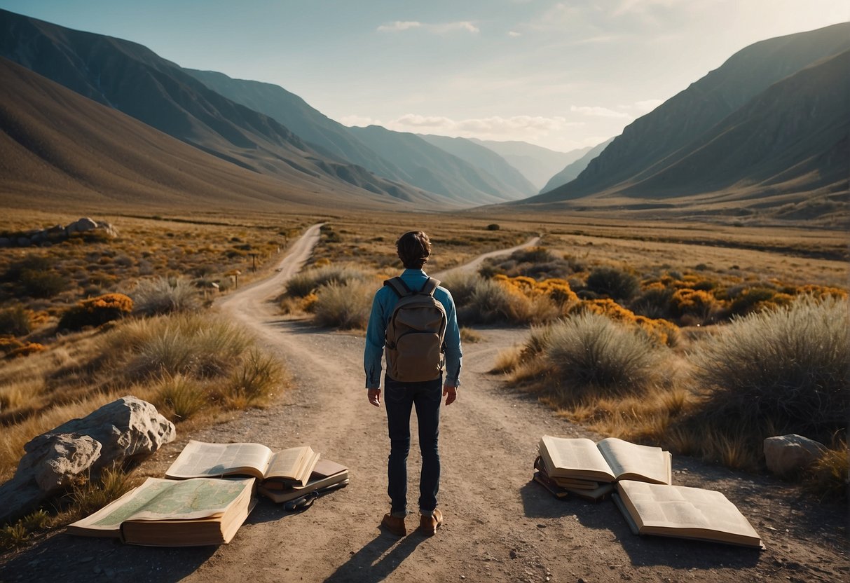 A traveler stands at a crossroads, surrounded by diverse landscapes and cultural symbols. Their backpack is filled with maps and journals, symbolizing their journey of self-discovery and personal growth through solo exploration