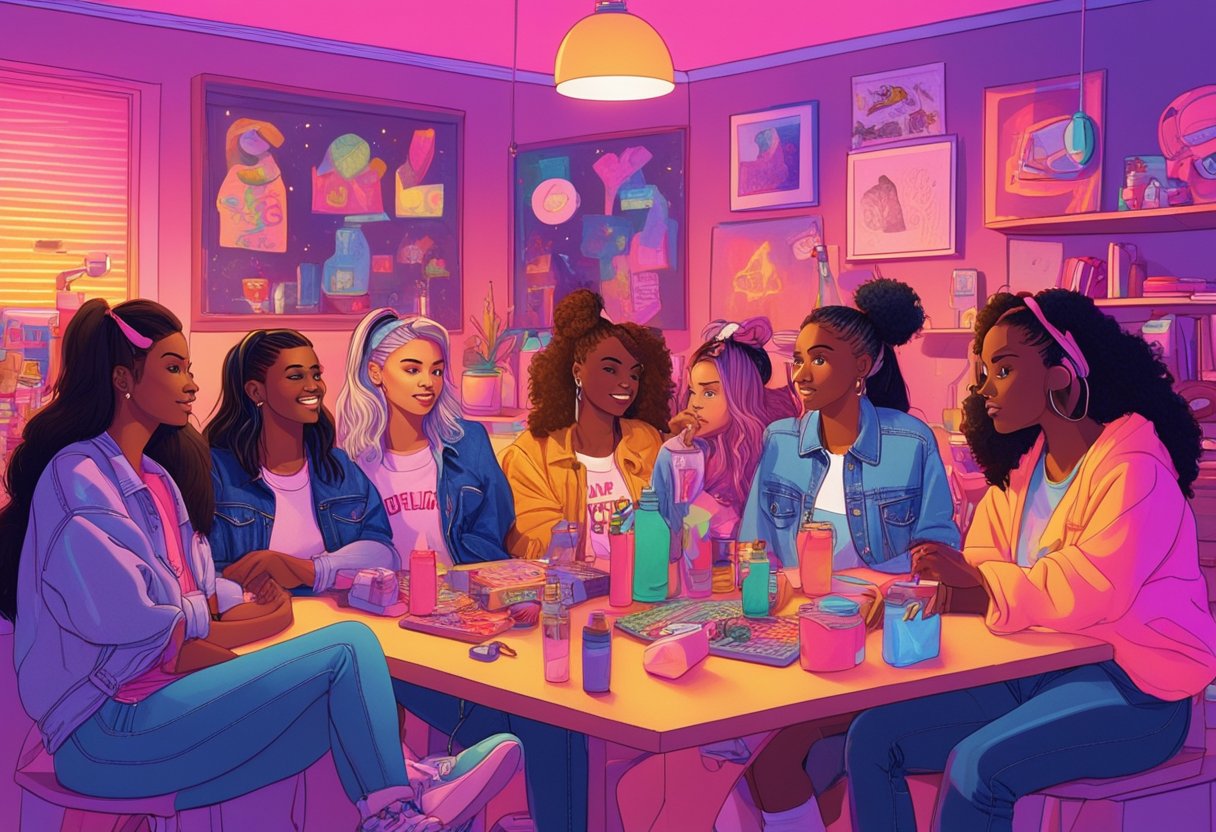 A group of women gather in a neon-lit room, surrounded by 90s memorabilia. They are dressed in flannel, denim, and scrunchies, eagerly planning their 90s-themed bachelorette party