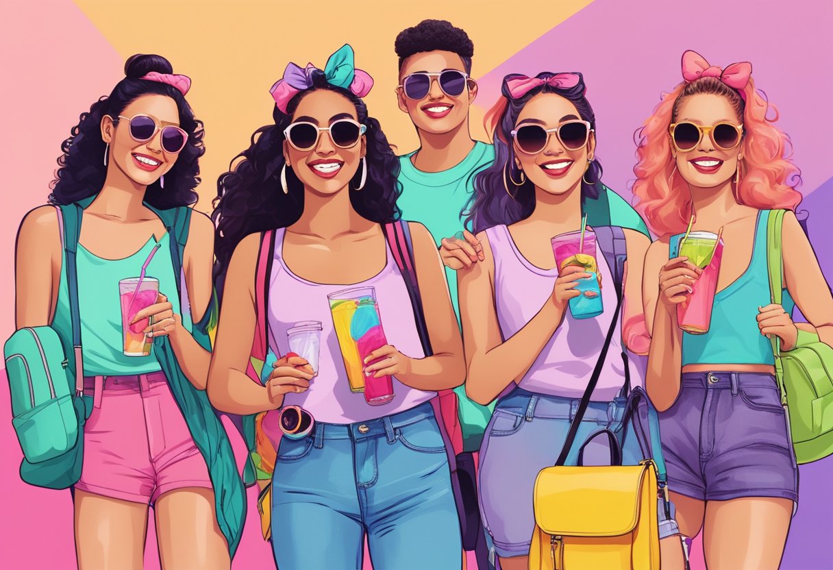 A group of 90s-themed bachelorette party attendees wearing platform sneakers, mini backpacks, and scrunchies, while holding disposable cameras and sipping on colorful cocktails