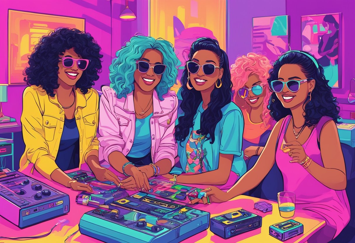 A group of women wearing 90s themed clothing play games and activities at a bachelorette party. The room is filled with neon colors, cassette tapes, and retro decor