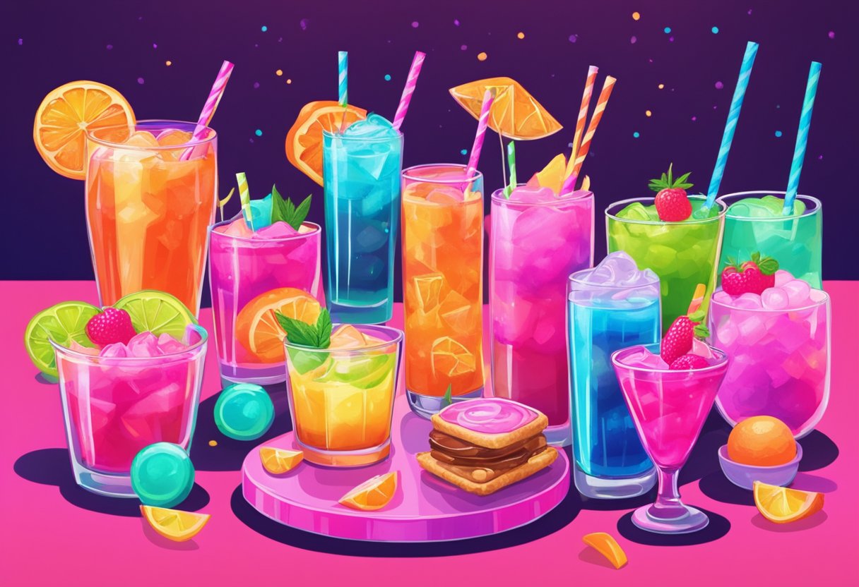 A table filled with neon-colored cocktails, retro snacks, and 90s-themed party favors for a bachelorette celebration