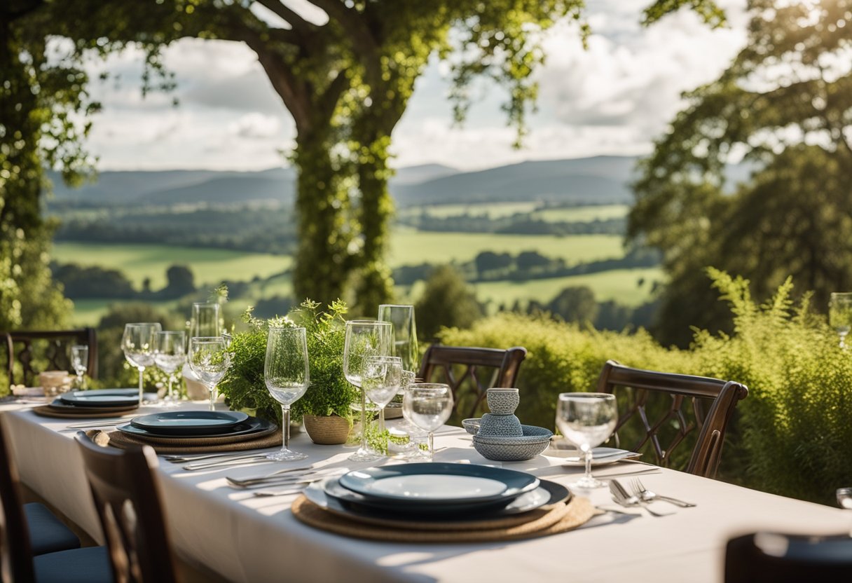 A scenic outdoor dining area with elegant table settings, surrounded by lush greenery and overlooking a picturesque view of the Irish countryside