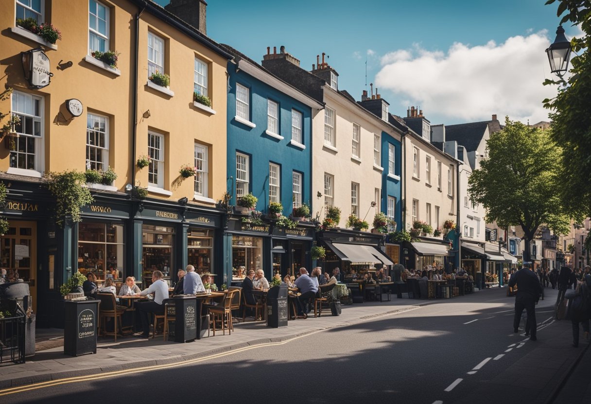 A bustling street lined with diverse restaurants, from cozy pubs to elegant fine dining establishments, showcasing Ireland's culinary variety and rich gastronomic culture