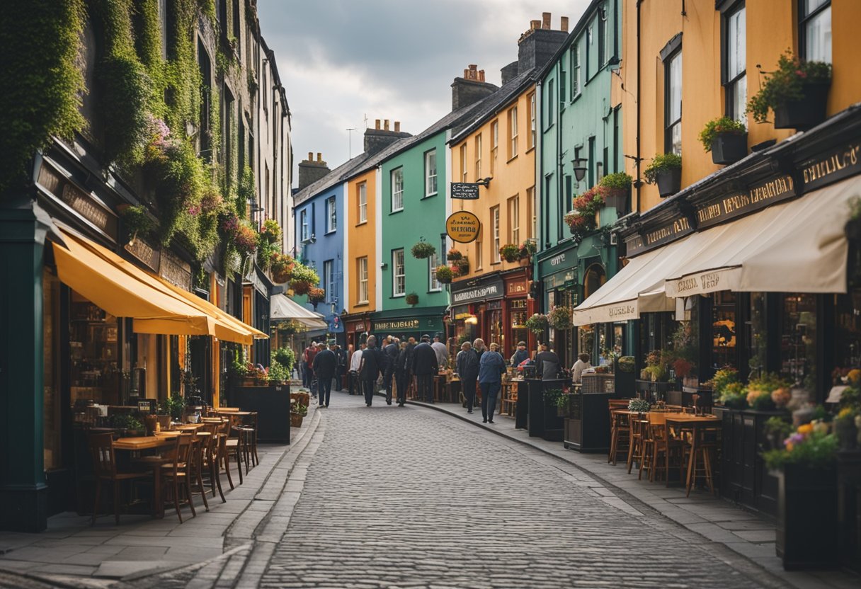 A bustling street in Ireland, with a row of charming restaurants. Each establishment is adorned with colorful signs, inviting passersby to step inside and savor the best of Irish cuisine