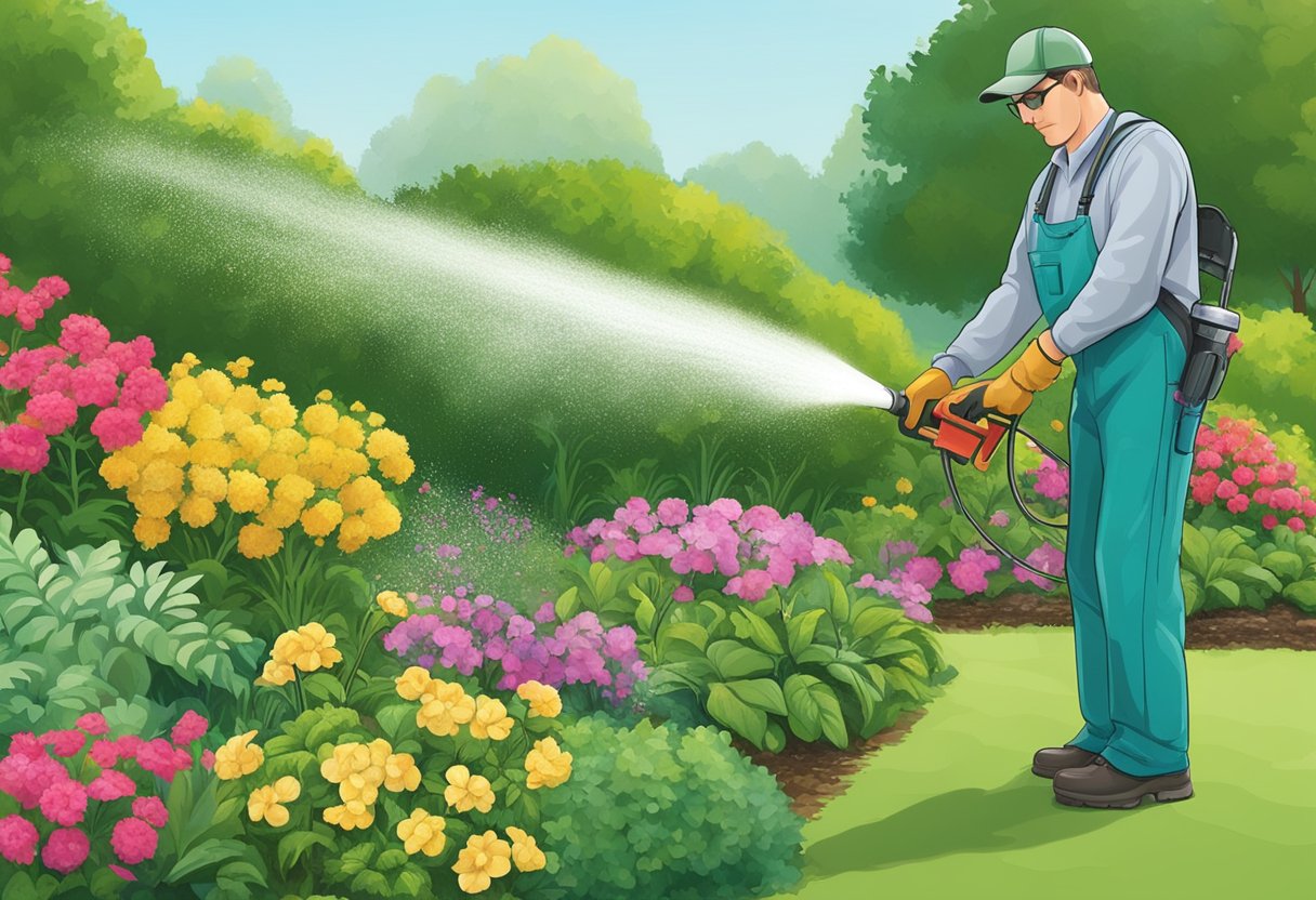A garden sprayer applies Daconil fungicide to a patch of diseased plants