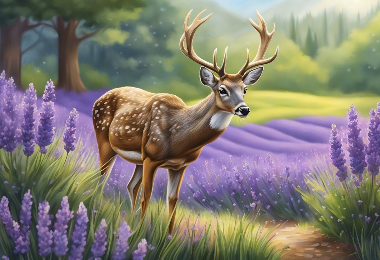 A deer nibbles on lavender plants in a peaceful garden setting