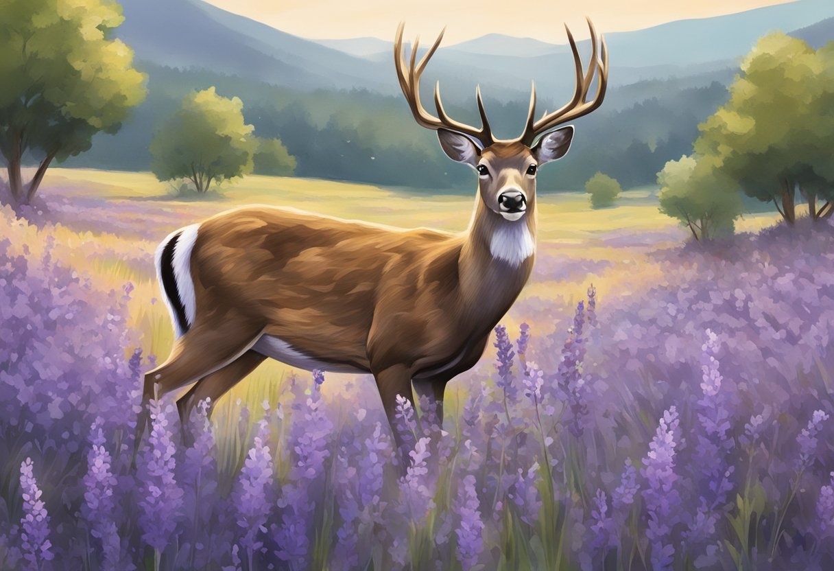 Deer grazing in a field, surrounded by lavender plants, displaying curiosity and interest in the fragrant flowers
