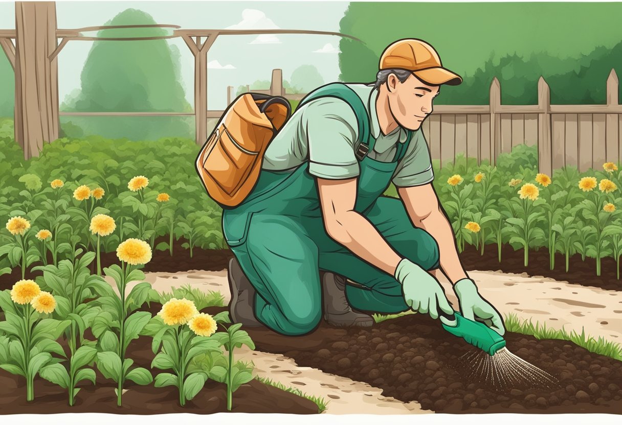 A gardener applies organic fungicide to infected soil