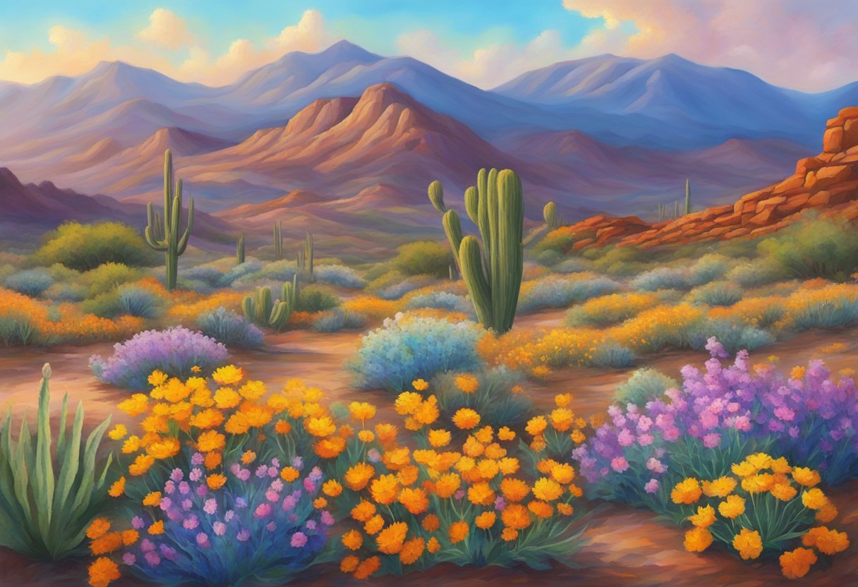 Vibrant wildflowers bloom in the Sonoran desert, painting the landscape with a kaleidoscope of colors