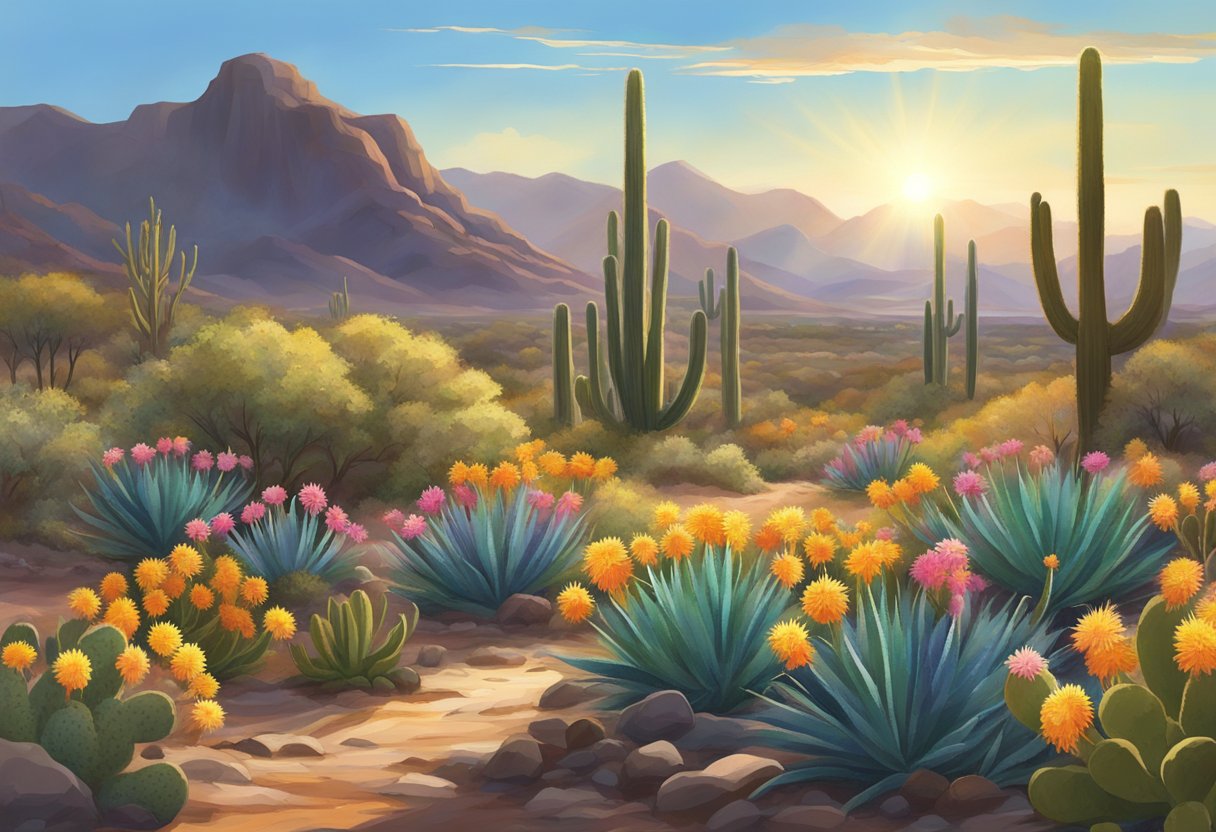 Vibrant wildflowers bloom in the Sonoran desert, surrounded by cacti and rocky terrain. The sun shines brightly overhead, casting a warm glow on the colorful flora