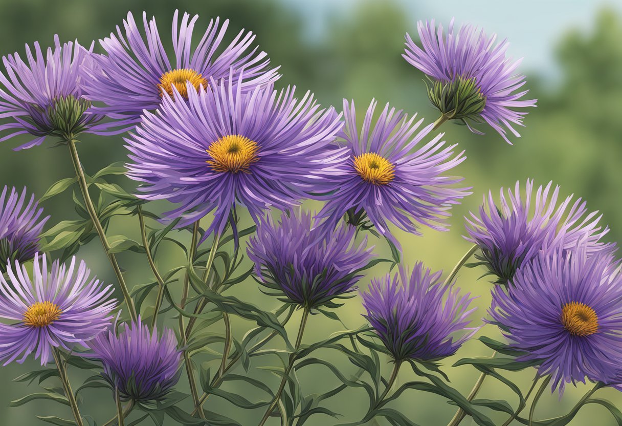 The New England aster reaches a height of 3-6 feet, with clusters of purple flowers atop long, slender stems