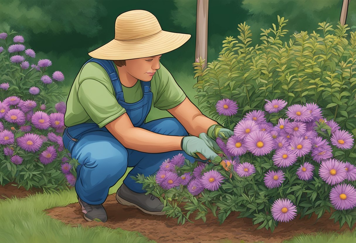 A gardener plants a new england aster, carefully tending to its growth and care