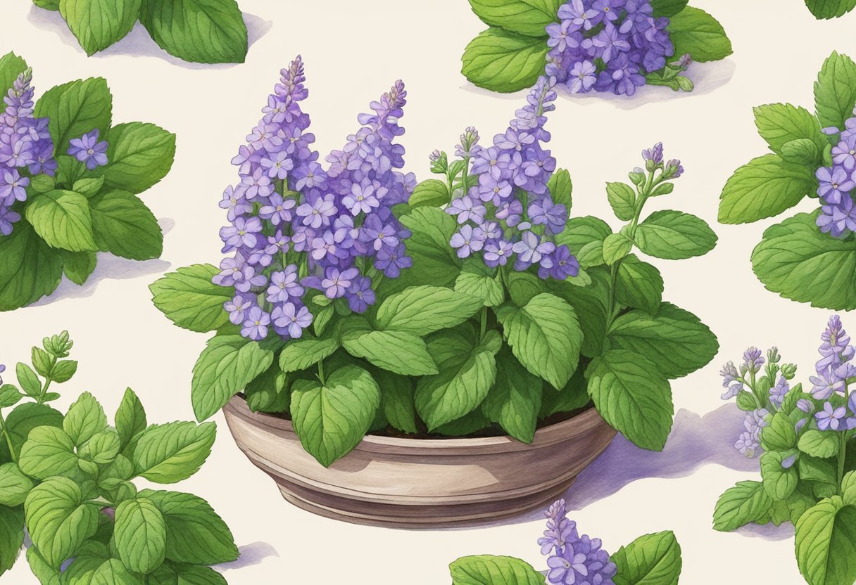 A small catmint plant grows in a sunlit garden, surrounded by vibrant green leaves and delicate purple flowers