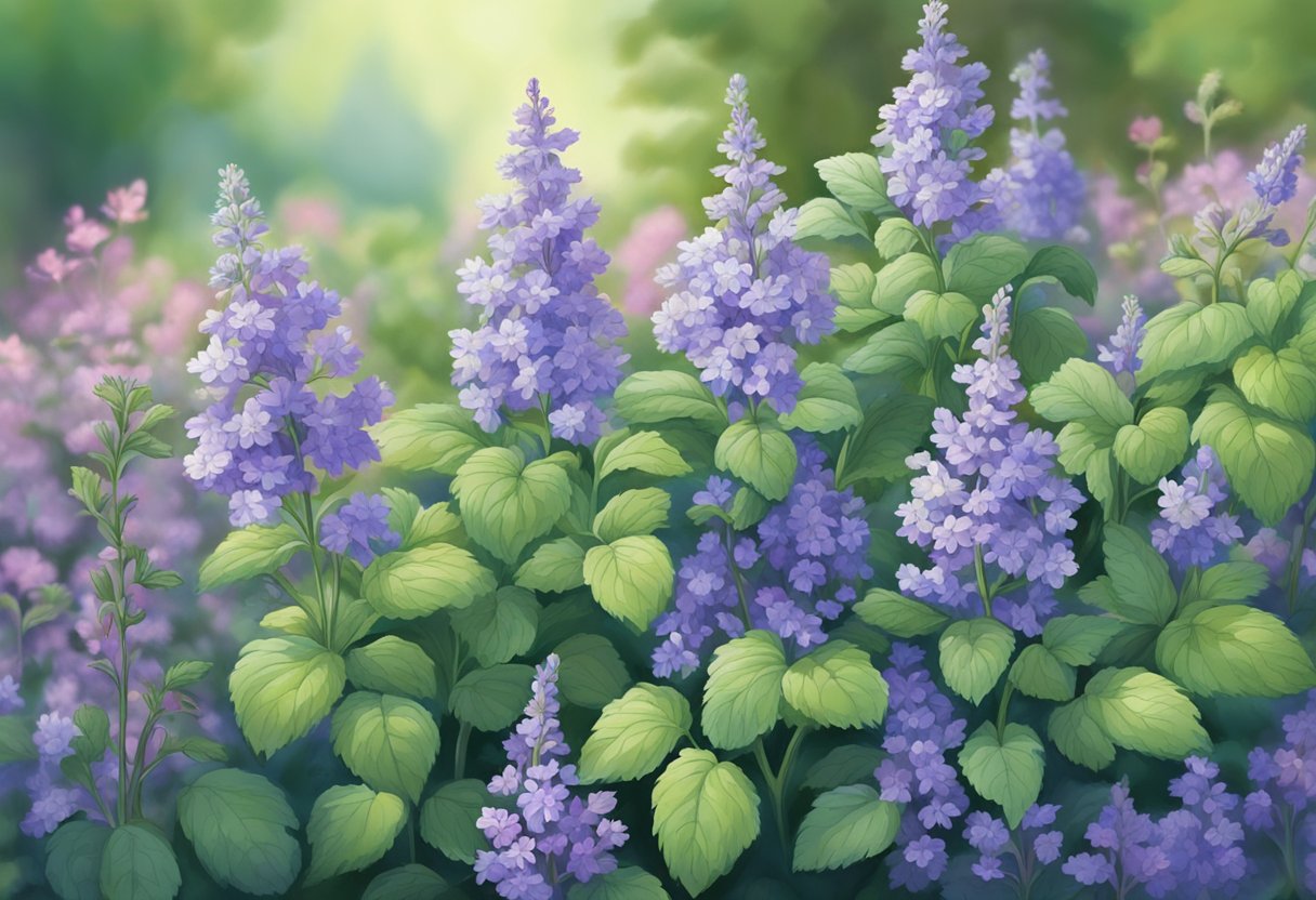 Catmint plants grow in a garden, varying in size and color. The leaves are small and green, while the flowers bloom in shades of blue and purple