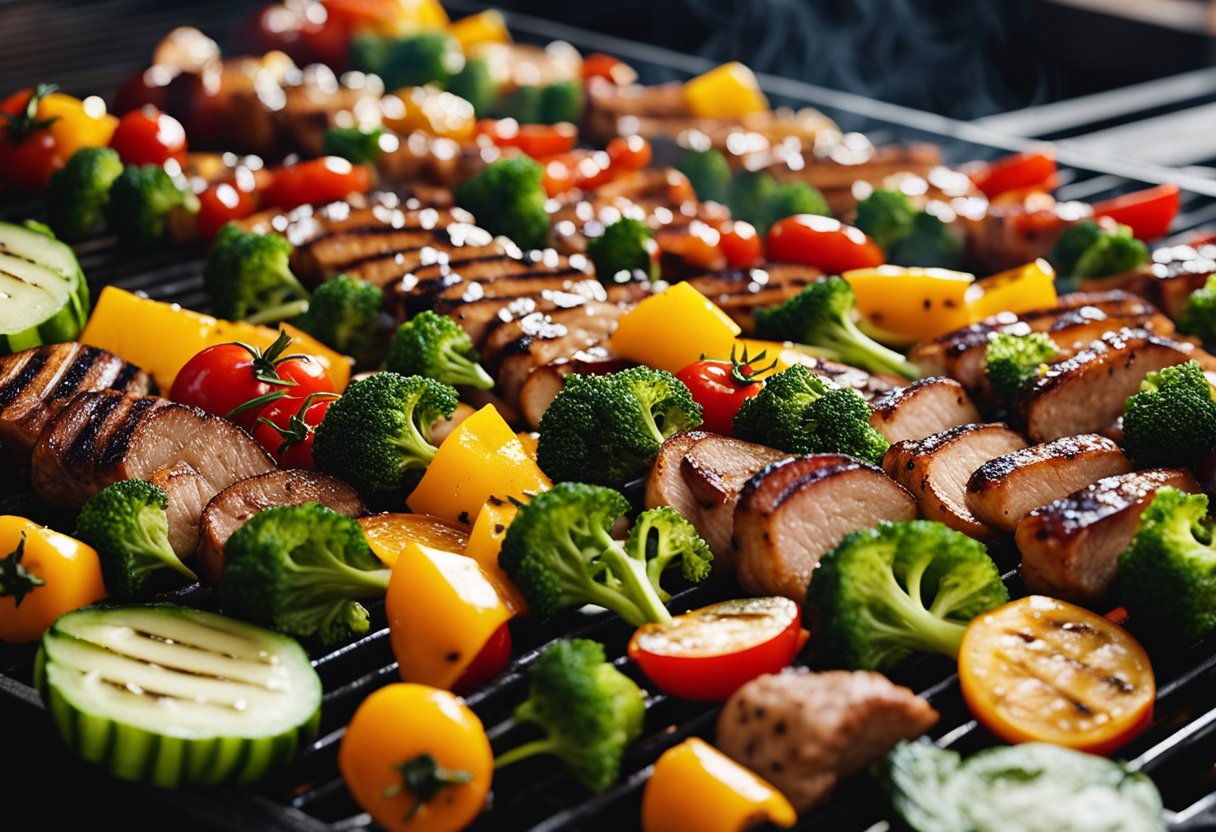 A colorful array of grilled vegetables and marinated meats sizzle on a hot grill, ready to be portioned into meal prep containers