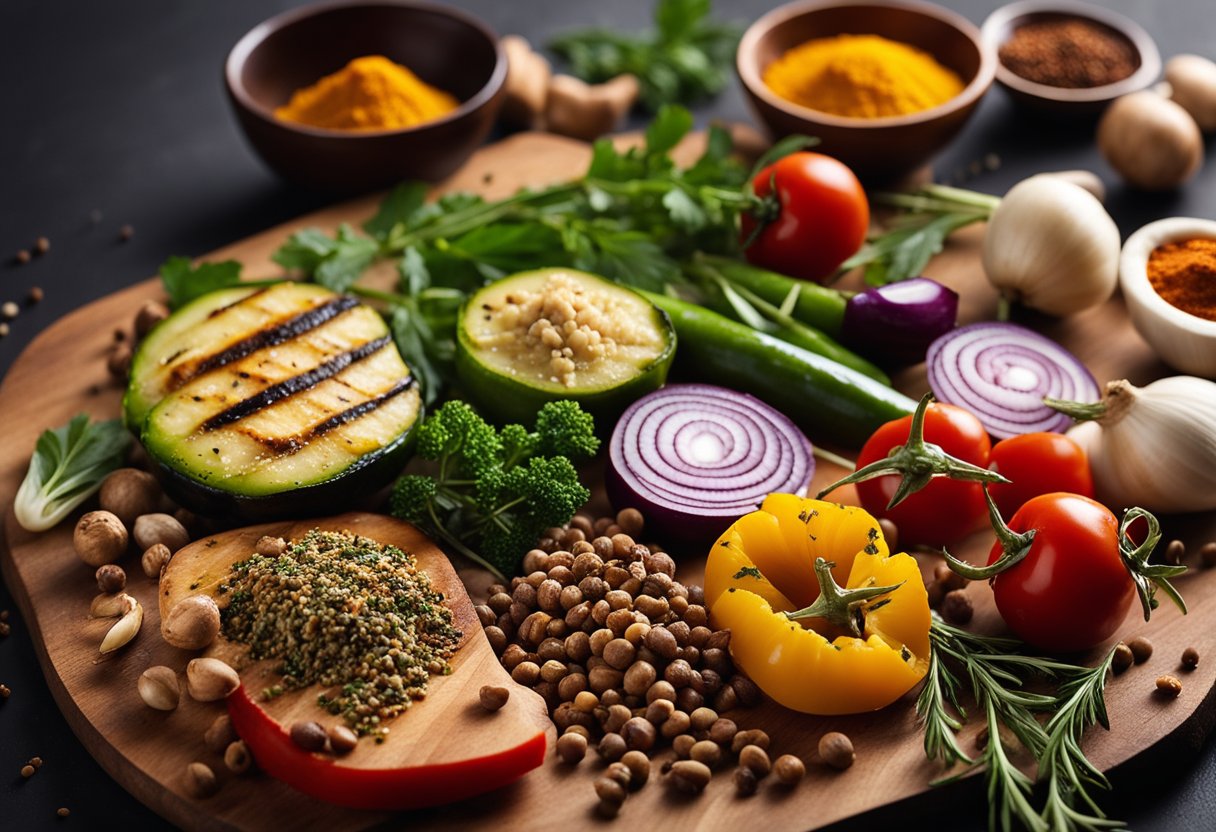Grilled vegetables and protein arranged in a row on a cutting board, surrounded by various spices and seasonings