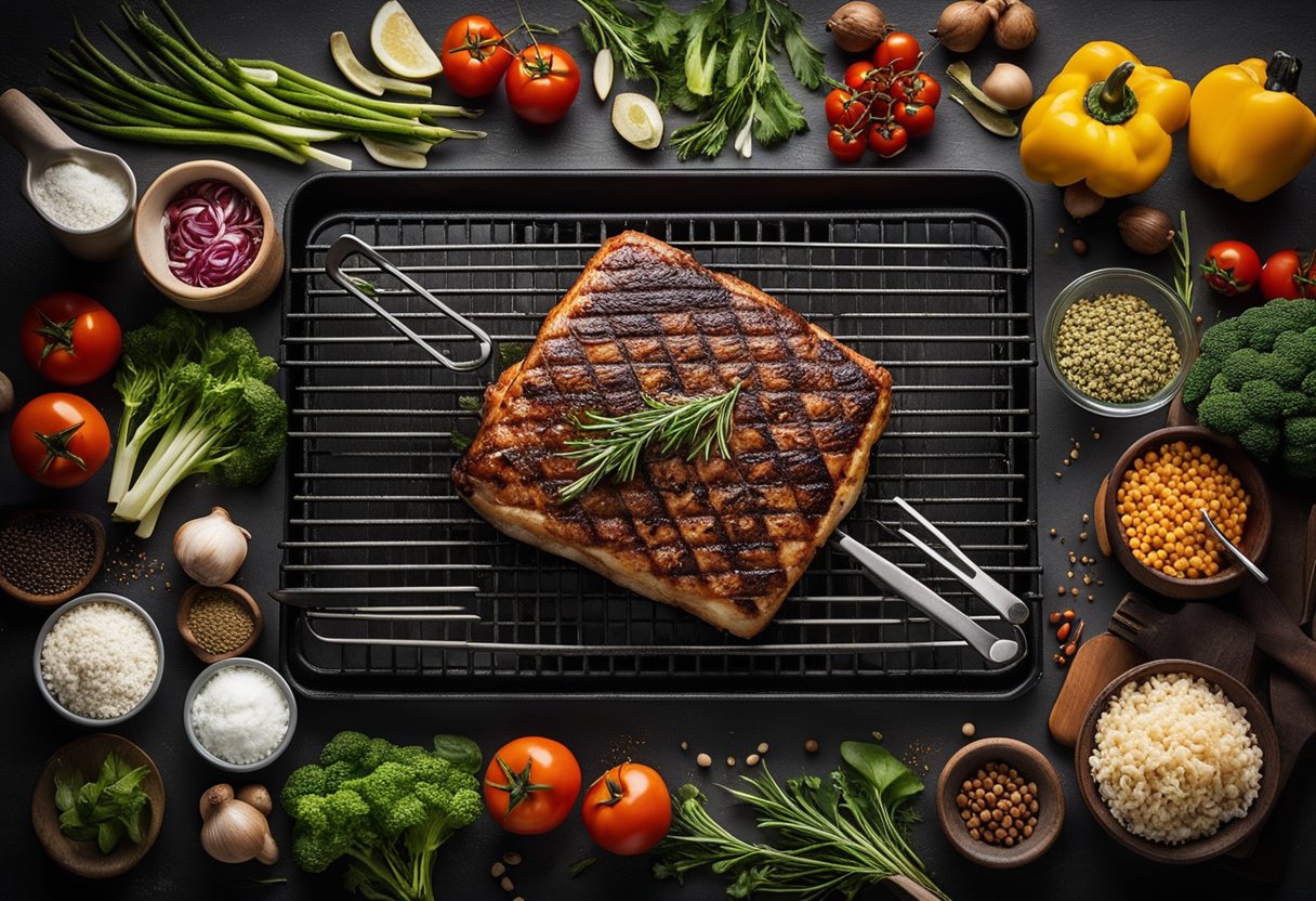 A grill surrounded by various kitchen tools and utensils, including tongs, spatula, cutting board, and seasonings. Ingredients such as vegetables, meat, and skewers are nearby for meal prep