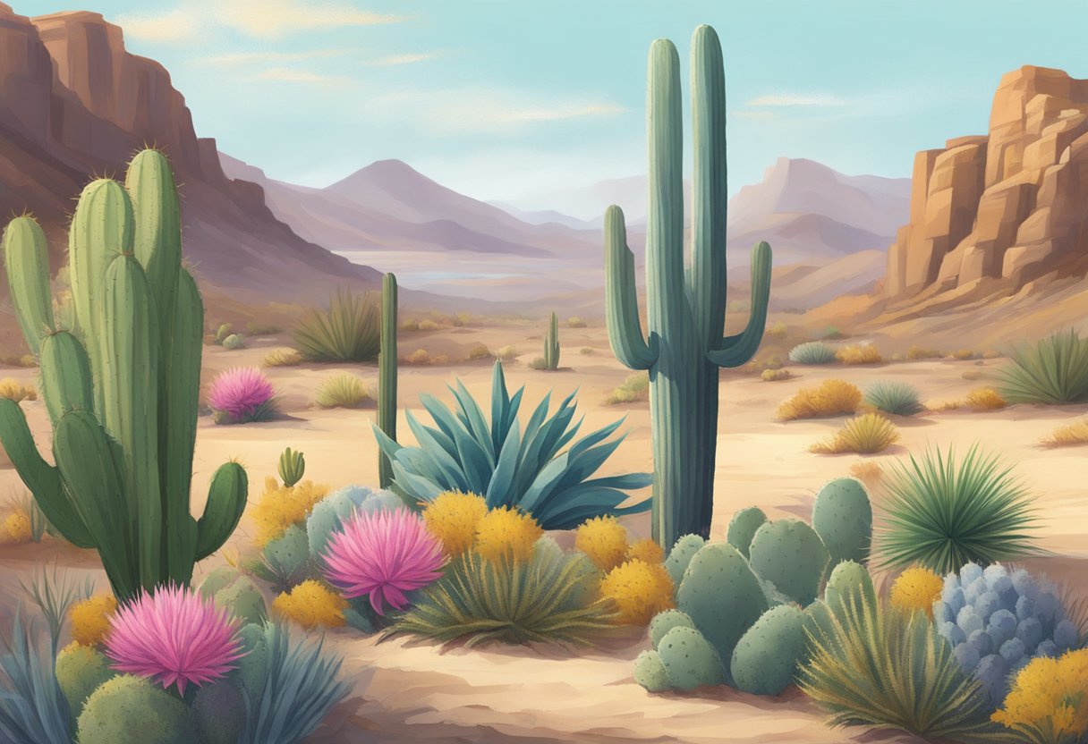 The desert flora thrives in the harsh environment, with cacti standing tall and blooming flowers adding pops of color to the sandy landscape