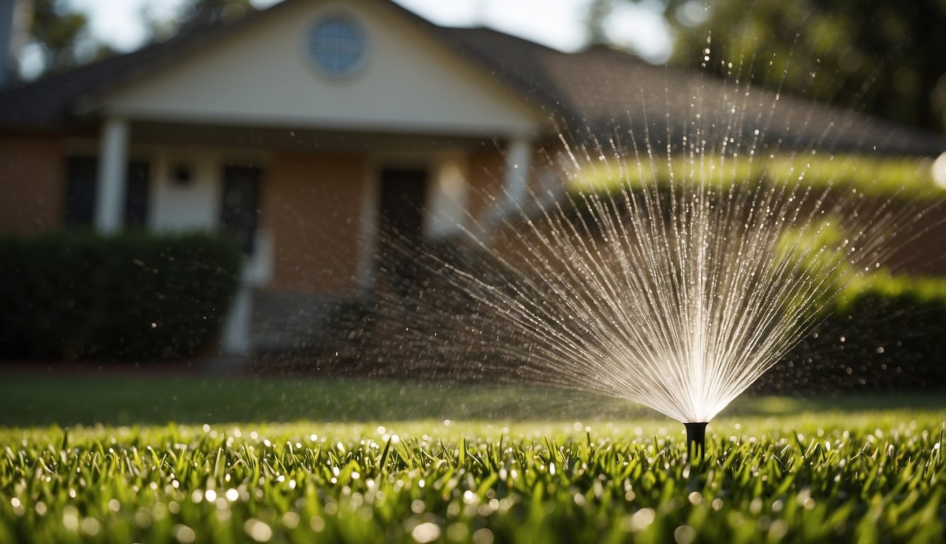 A sprinkler system waters a freshly returfed lawn in Tuscaloosa, AL. Green grass glistens in the sunlight