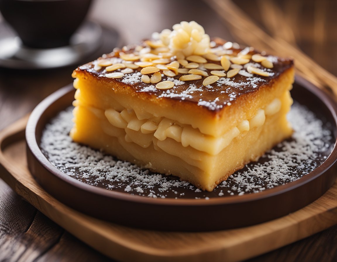 A golden-brown cassava cake topped with sweet macapuno strings on a wooden serving platter