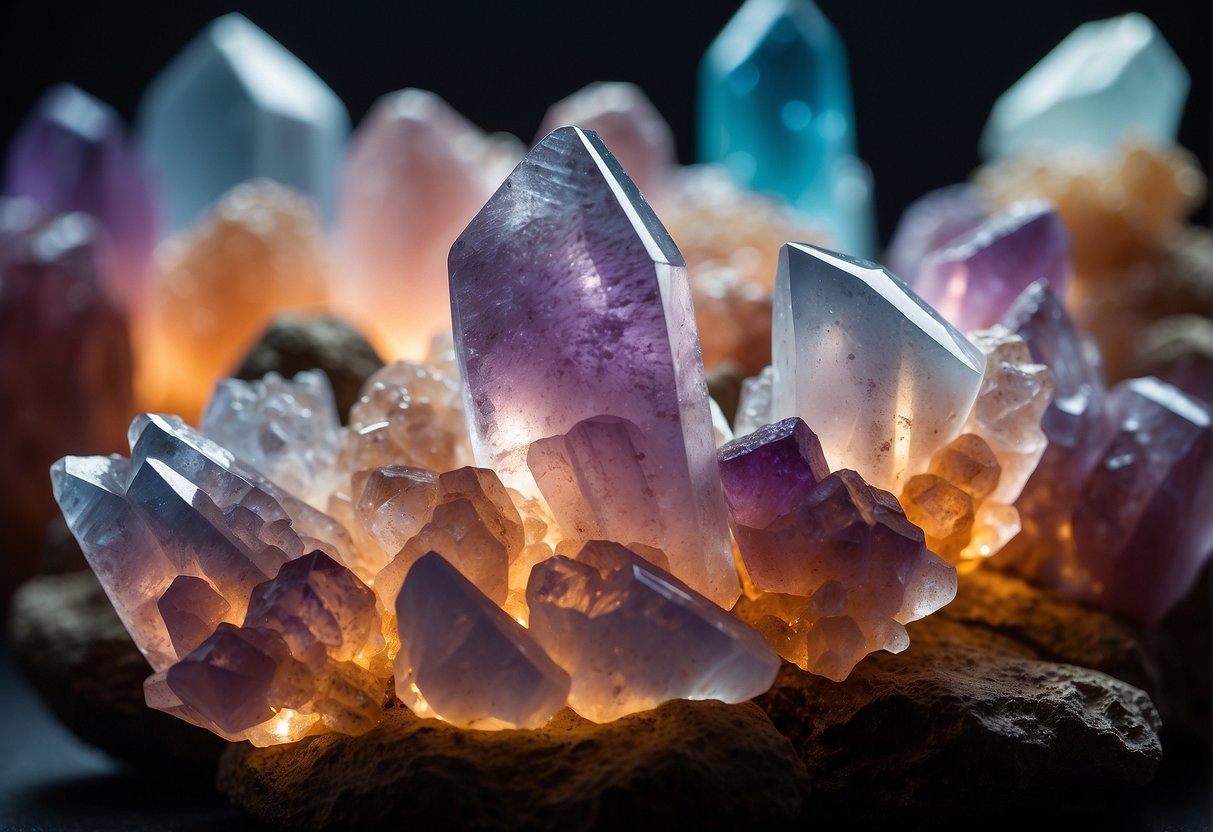 A cluster of spirit quartz crystals glows in the dim light, their delicate points reaching out in all directions, creating a mesmerizing and otherworldly display