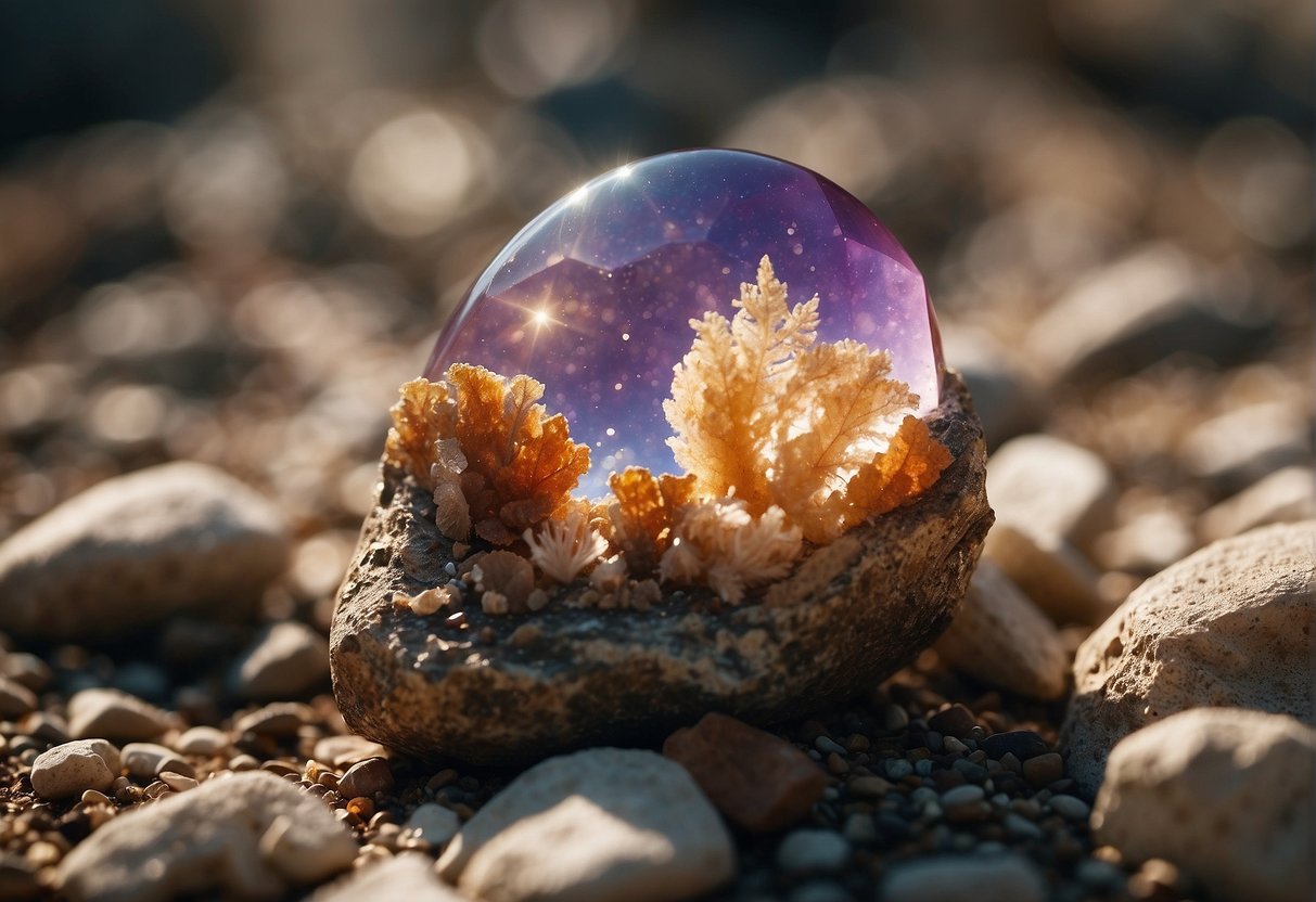 Spirit quartz emerges from the earth, its crystal formations sparkling under the sunlight. Surrounding rocks show signs of ancient geological forces