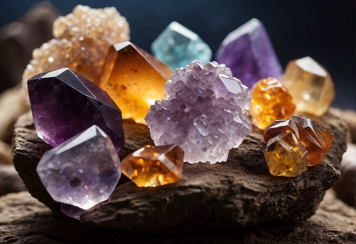 Spirit quartz in various colors and formations, including amethyst, citrine, and smoky quartz. Clusters and single points with small, delicate crystals