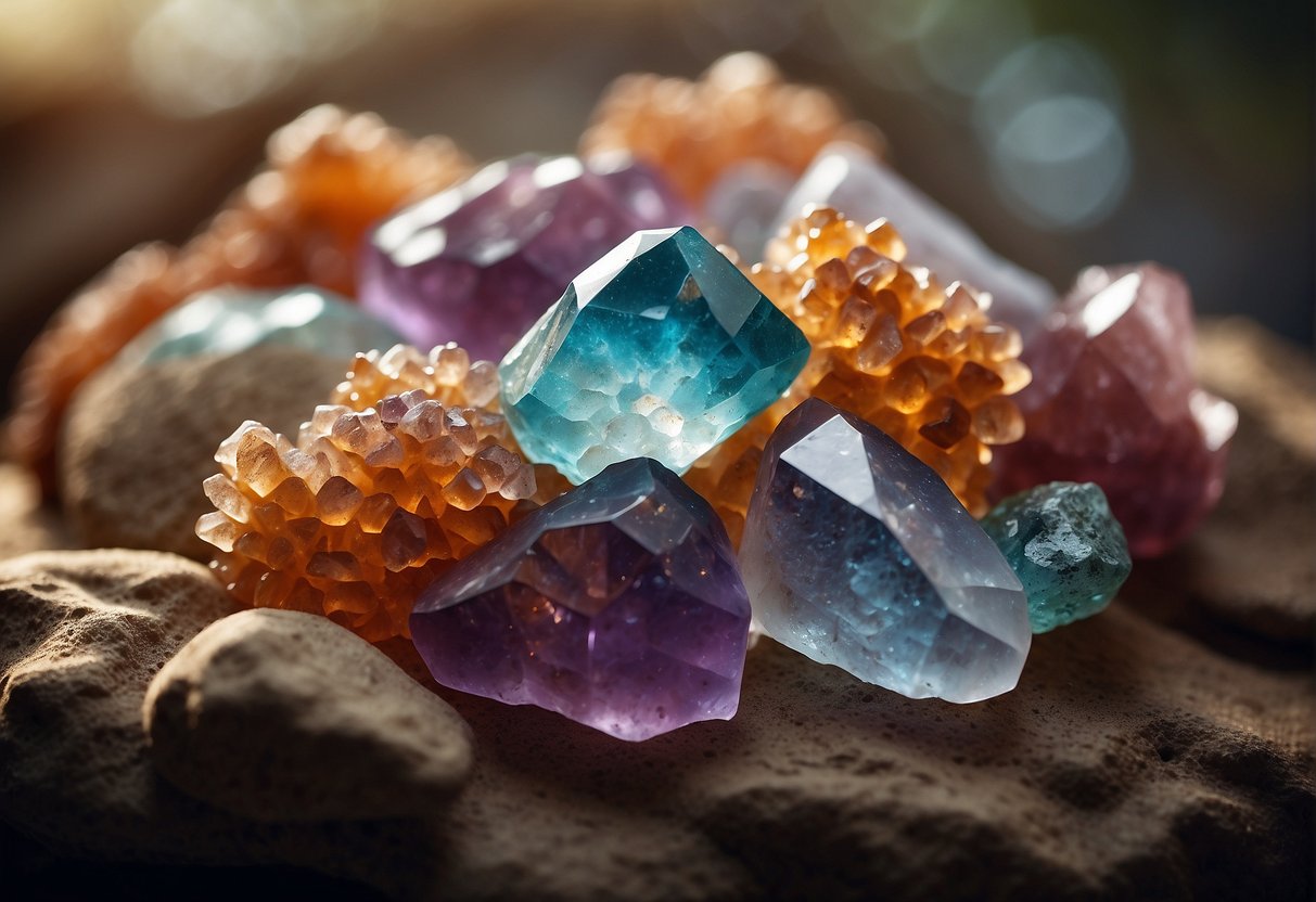 A cluster of spirit quartz crystals, varying in size and color, glimmering under the soft light, nestled among rough, textured rocks