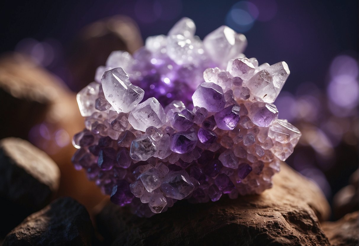 A cluster of spirit quartz glows with purple and white hues, emanating a sense of mystical energy and spiritual connection