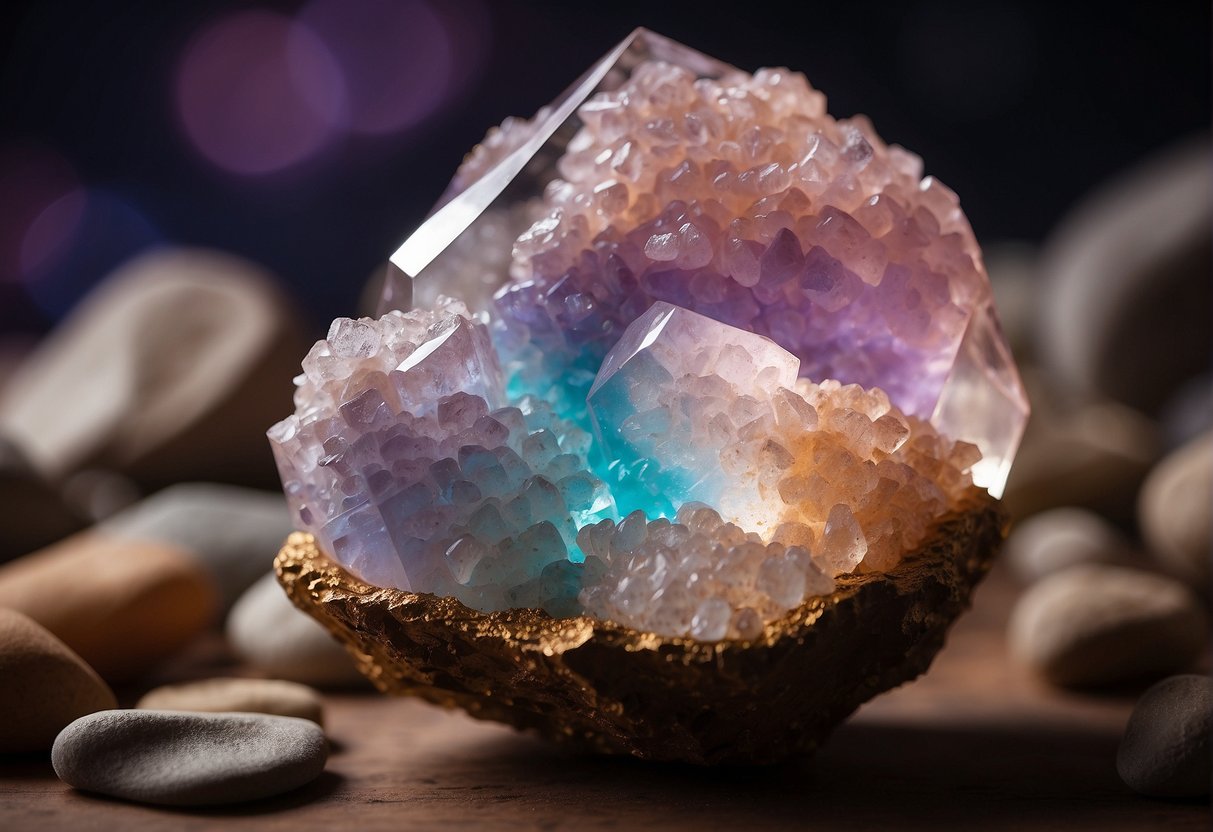 Spirit quartz radiates soothing energy, surrounded by a gentle glow. It emanates a sense of calm and emotional healing, creating a serene and peaceful atmosphere