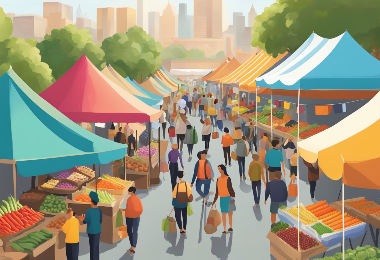 Colorful tents line the bustling market, filled with fresh produce and artisanal goods. Shoppers chat with vendors, sampling and selecting items