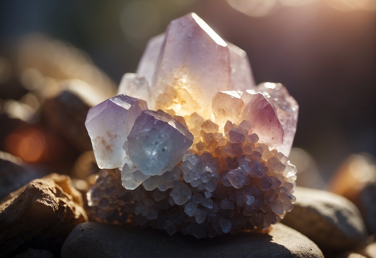 A cluster of spirit quartz radiates energy, surrounded by soft light and ethereal mist