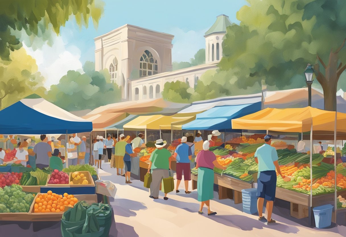 Farmers market in Orlando bustles with activity on [weekday], vendors display fresh produce and customers browse the colorful stalls