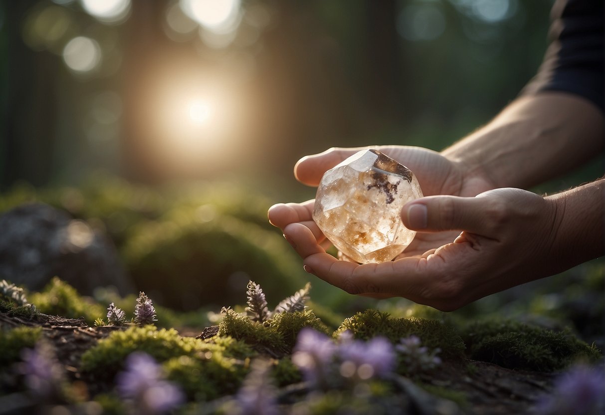 A hand reaches out to carefully gather spirit quartz from the earth, cradling the delicate clusters in a protective embrace