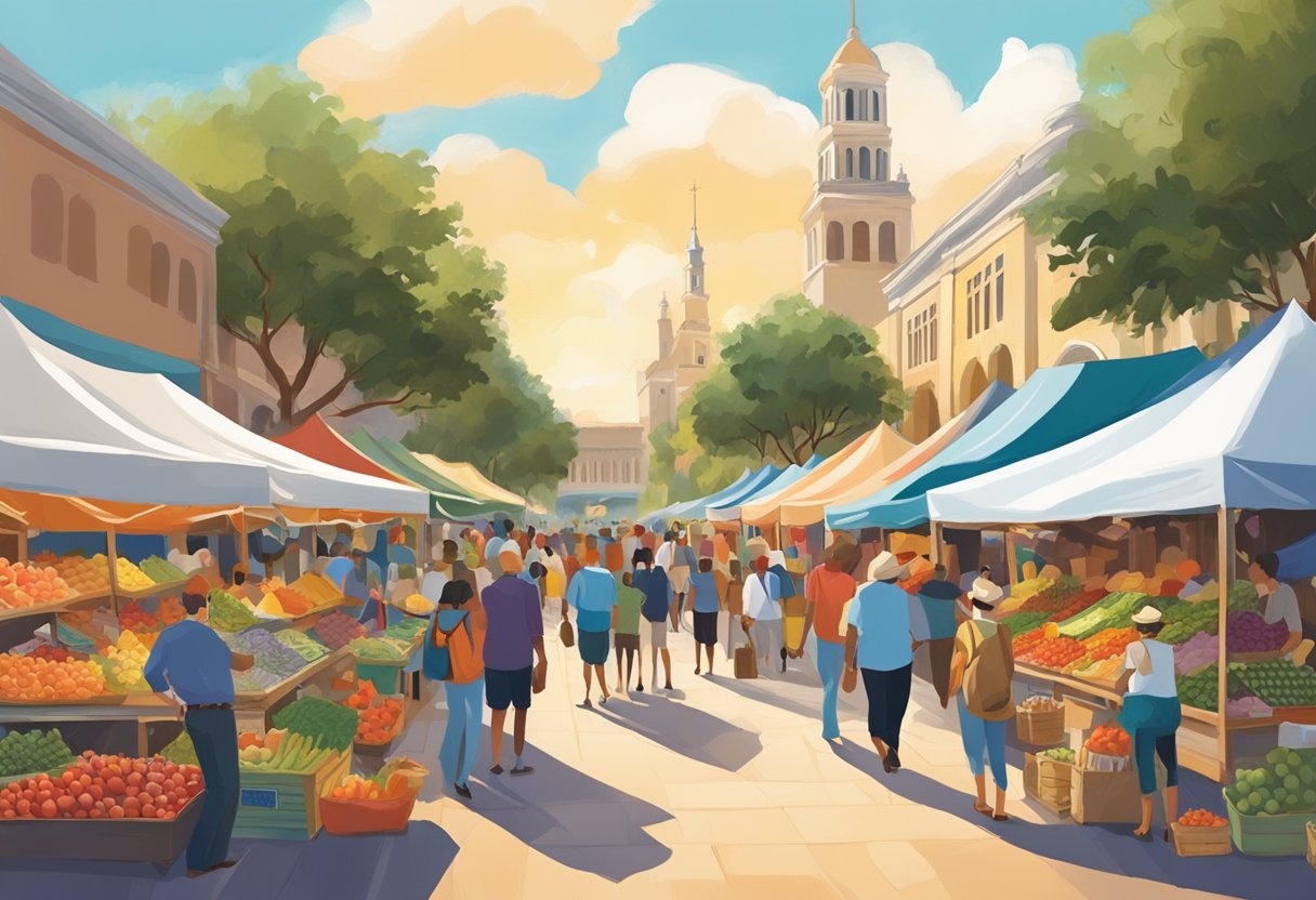 Orlando Markets bustle with vendors and shoppers on [weekday], showcasing fresh produce and artisan goods. Colorful stalls line the bustling market, offering a vibrant and lively atmosphere